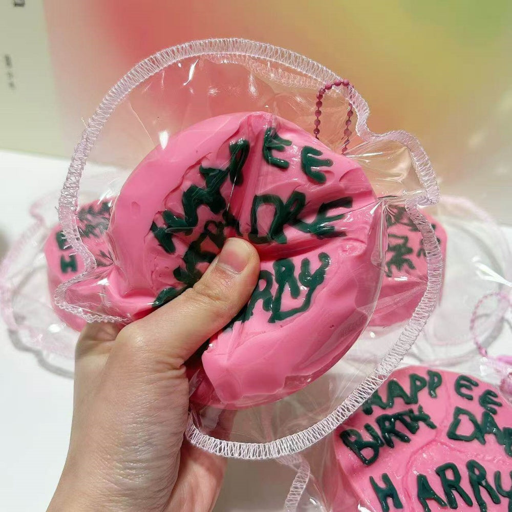 Happee Birthdae Cake squishy toy packaging