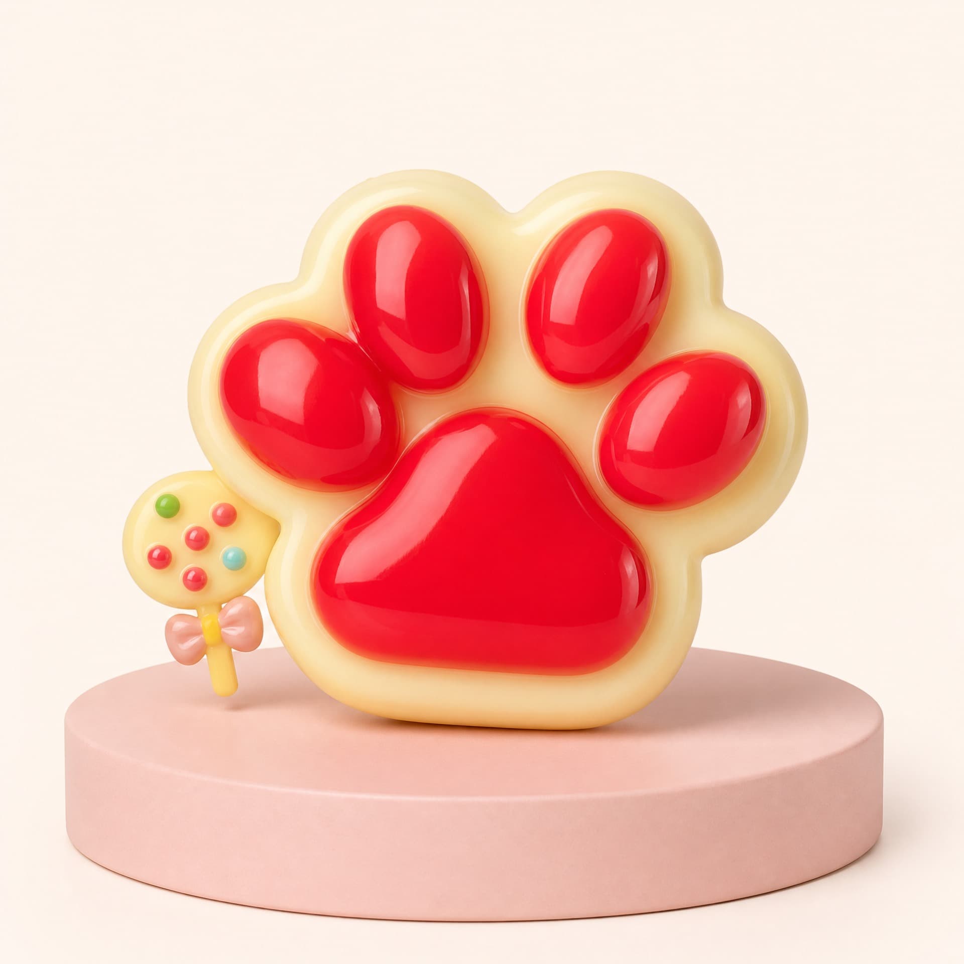Cat Paw Squeeze toy, glossy finish, red and cream