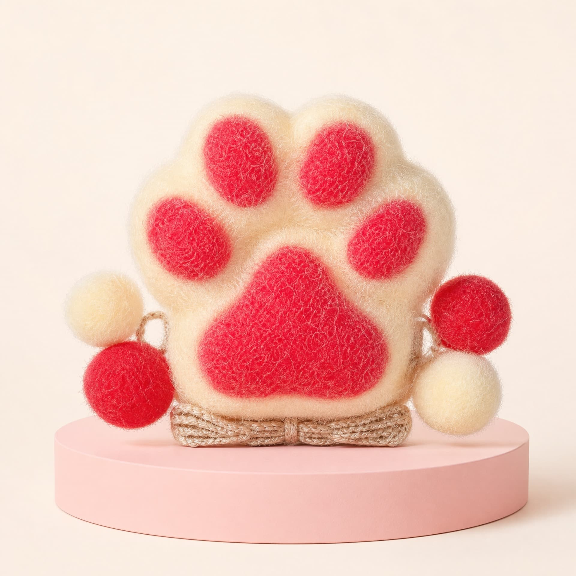 Cat Paw Squeeze toy, plush finish, red and cream
