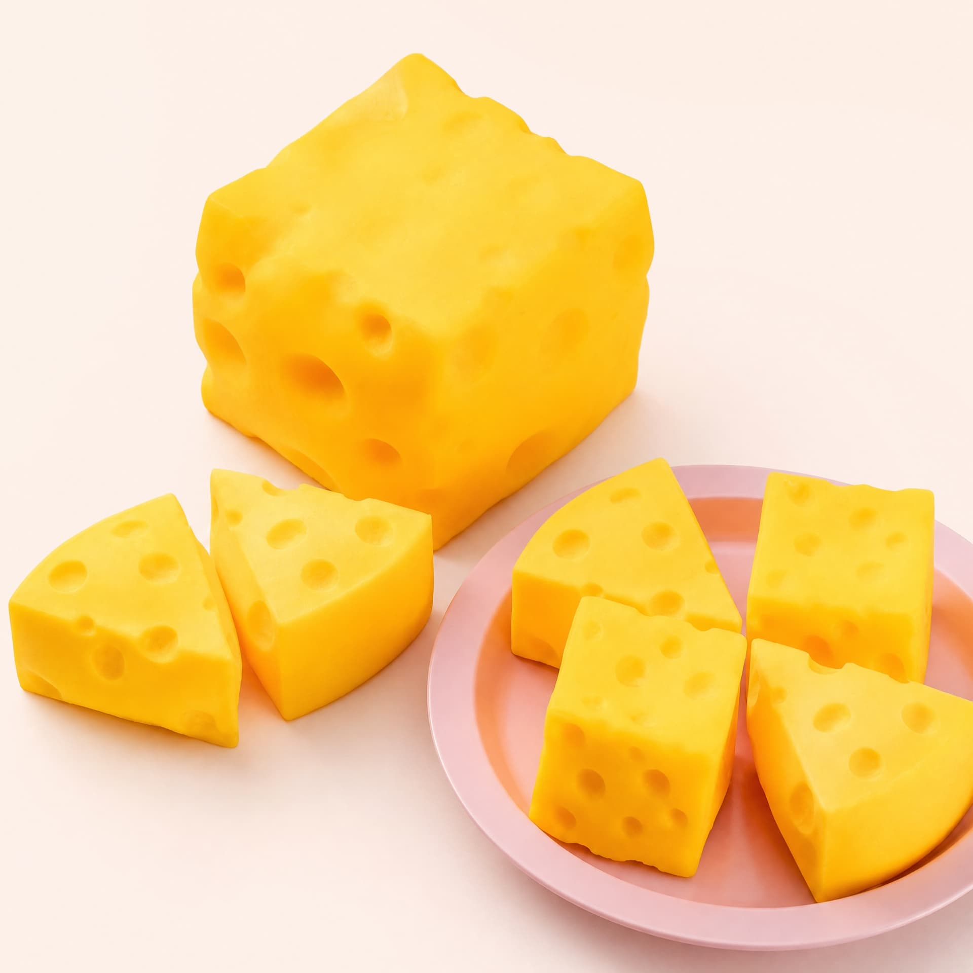 Squeezy Cheesey squishy toy, all three sizes shown together