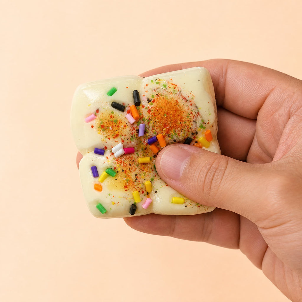 Squidgy Taba Cakes squishy toy, cream sprinkles flavor, held in one hand being squeezed