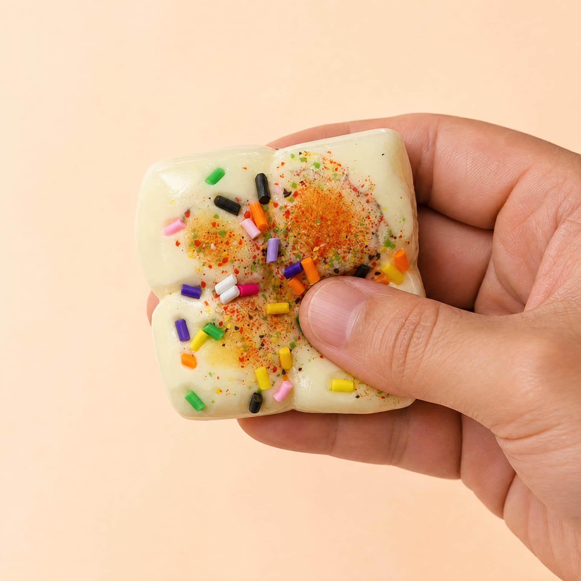 Squidgy Taba Cakes squishy toy, cream sprinkles flavor, held in one hand being squeezed