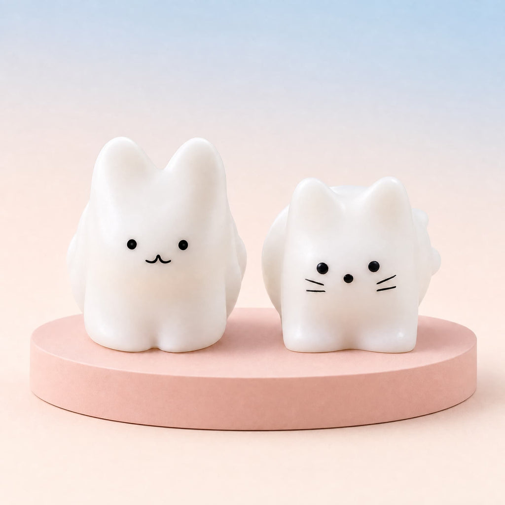 Cat & Bunny Custard Pinch toy, both designs shown together