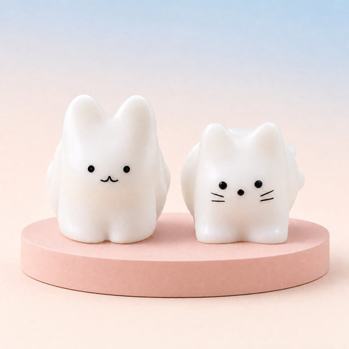 Cat & Bunny Custard Pinch toy, both designs shown together