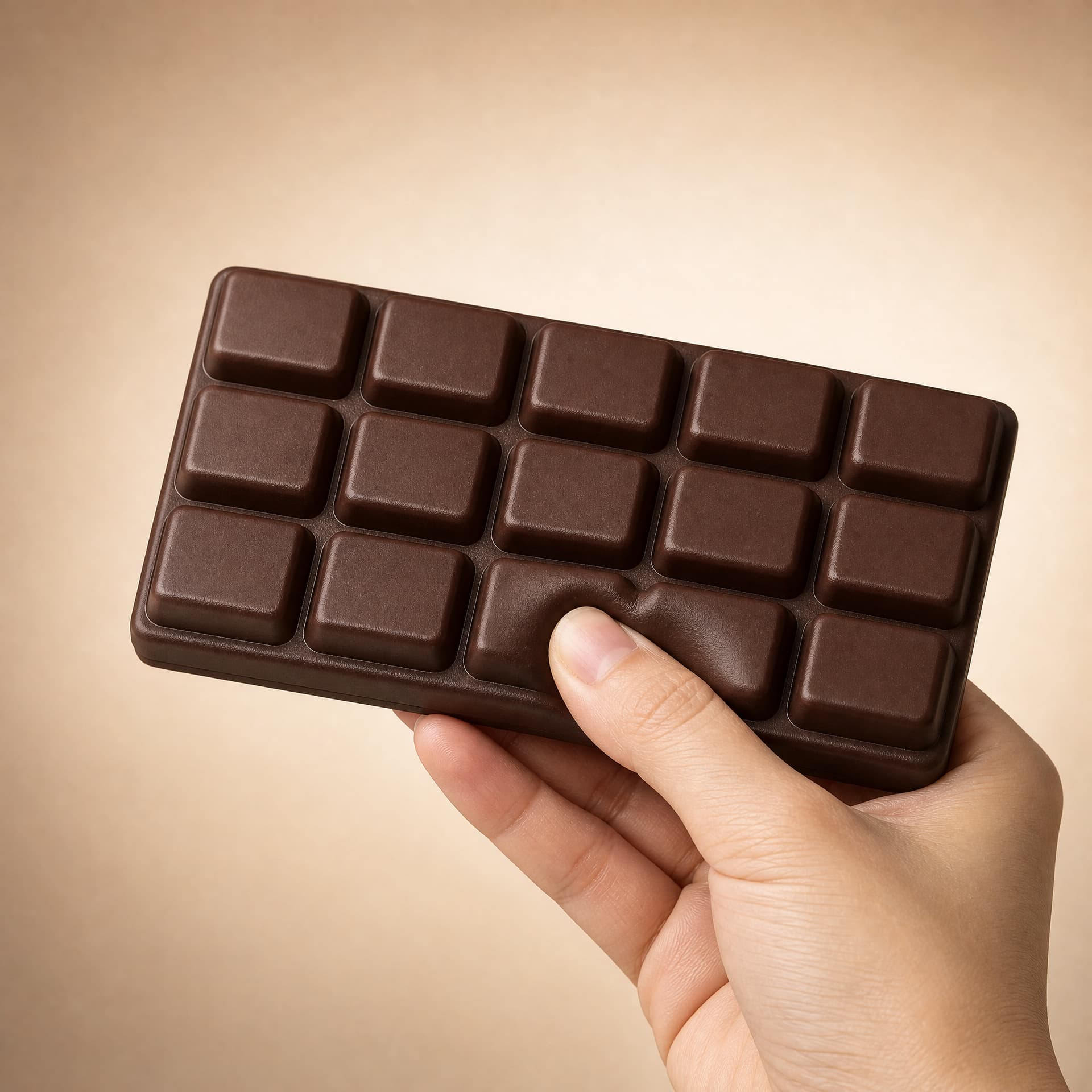 Slow Rise Butter Sticks squishy toy, chocolate bar flavor, held in one hand being squeezed