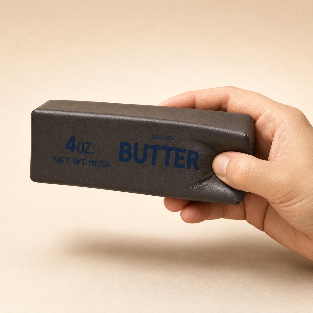 Slow Rise Butter Sticks squishy toy, chocolate butter flavor, held in one hand being squeezed