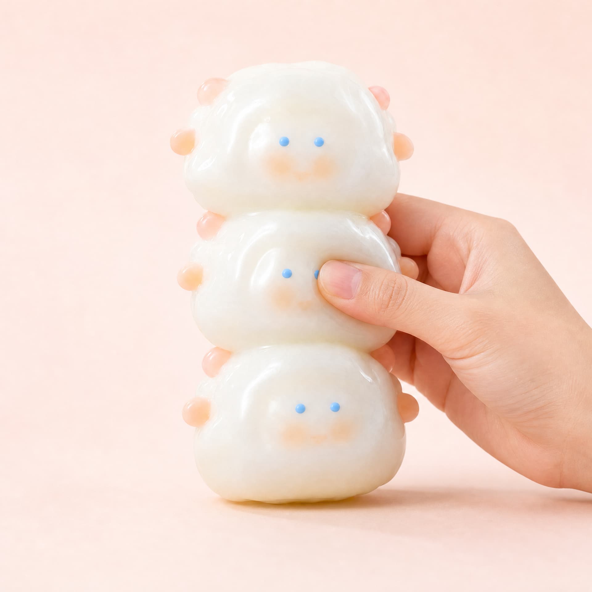 Triple Lamb Squishy toy, glossy finish, held in one hand being squeezed