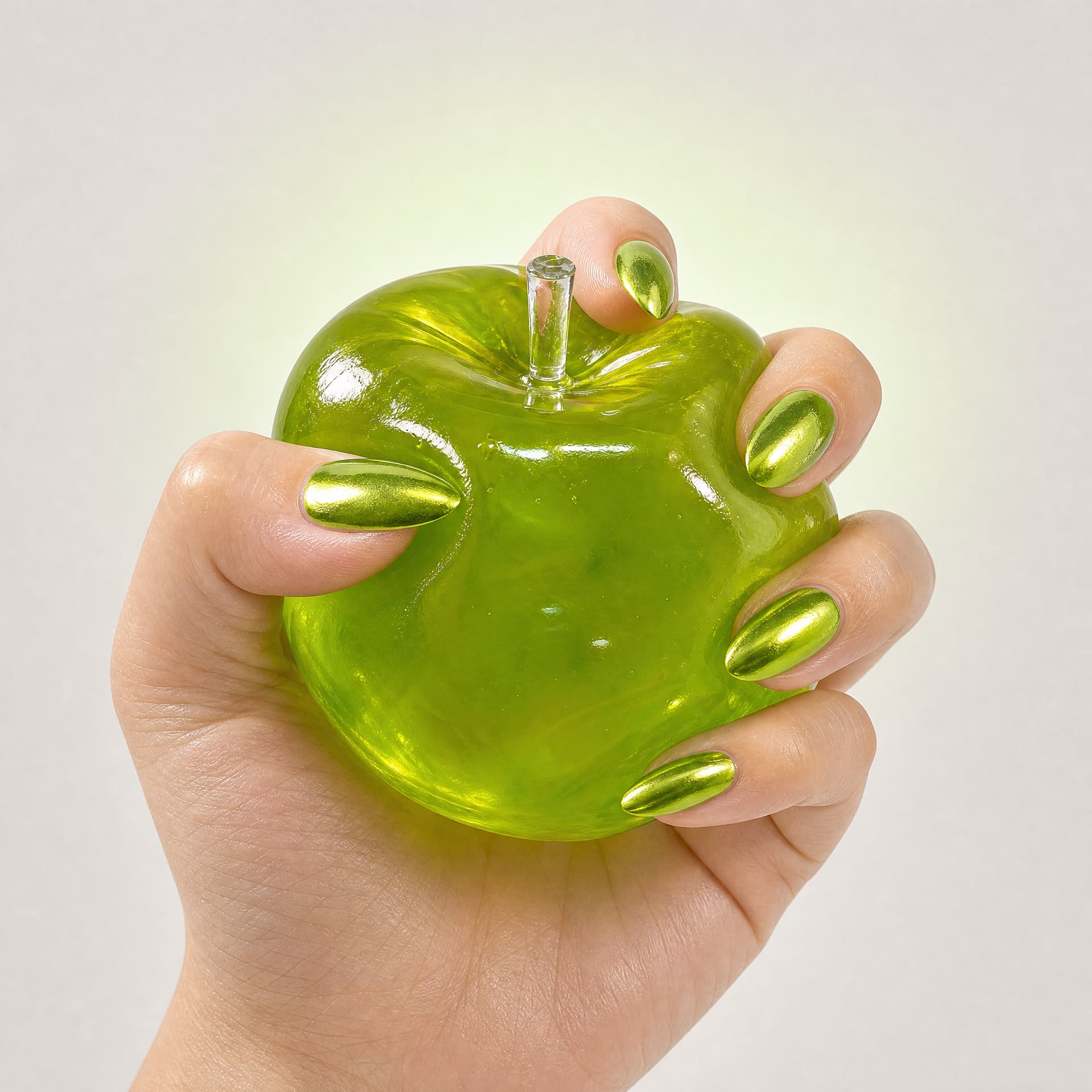 Green Apple Mochi Squeeze toy, held in hand being squeezed