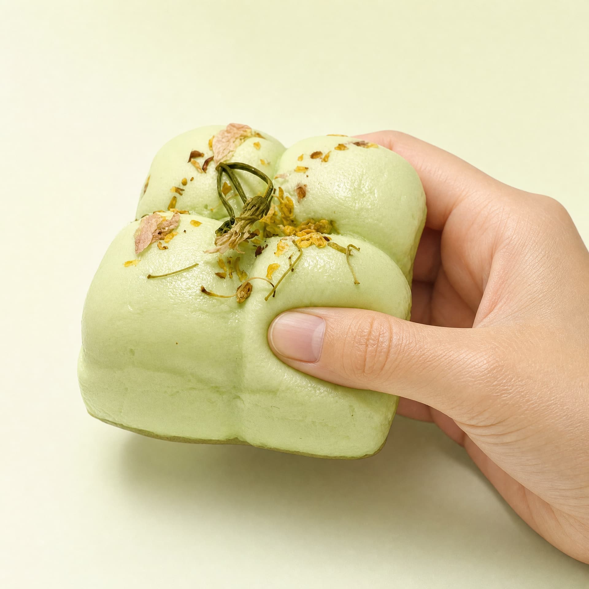 Squidgy Taba Cakes squishy toy, matcha flavor, held in one hand being squeezed
