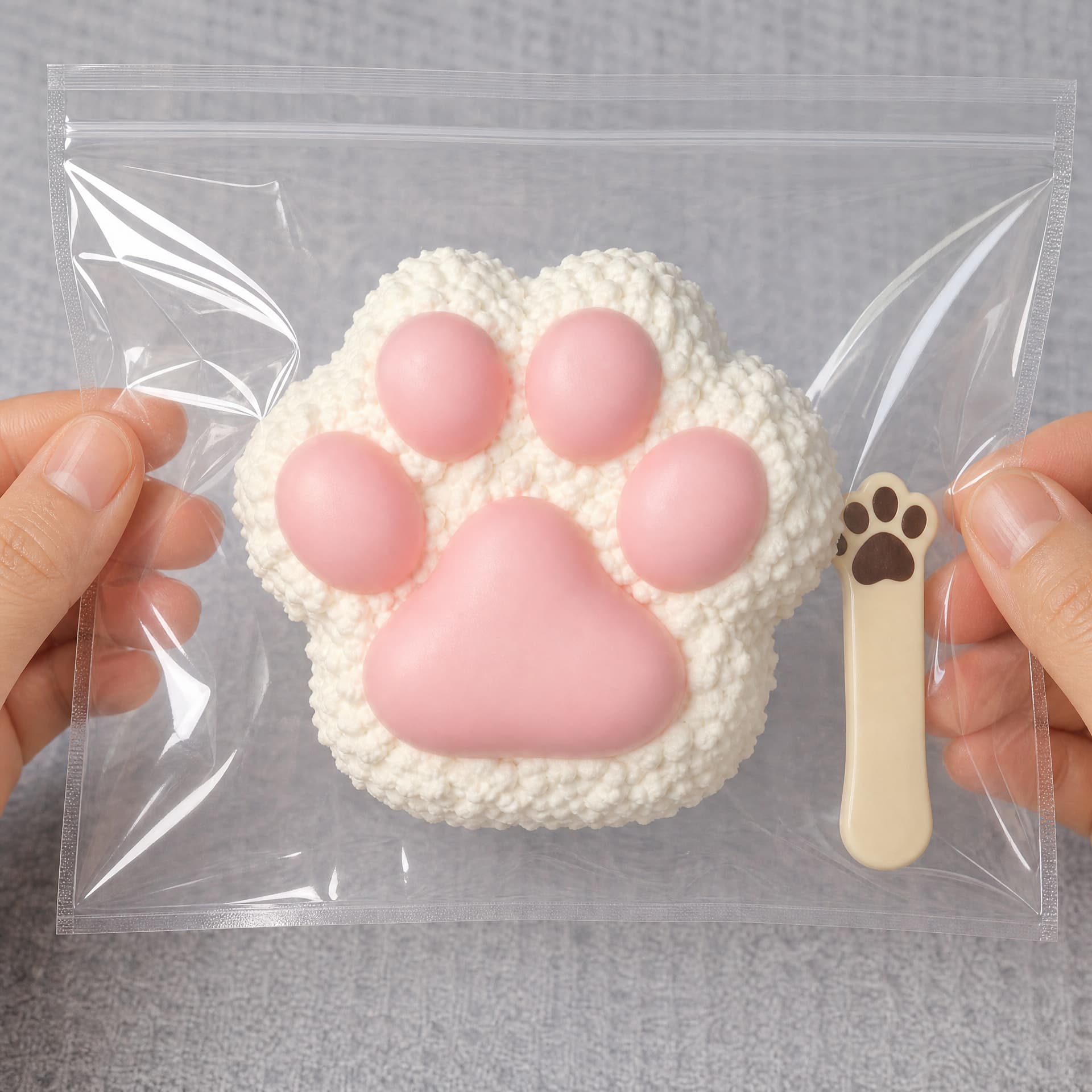 Squishy Rice Cat Paw Taba toy, pink glossy finish, packaged front view