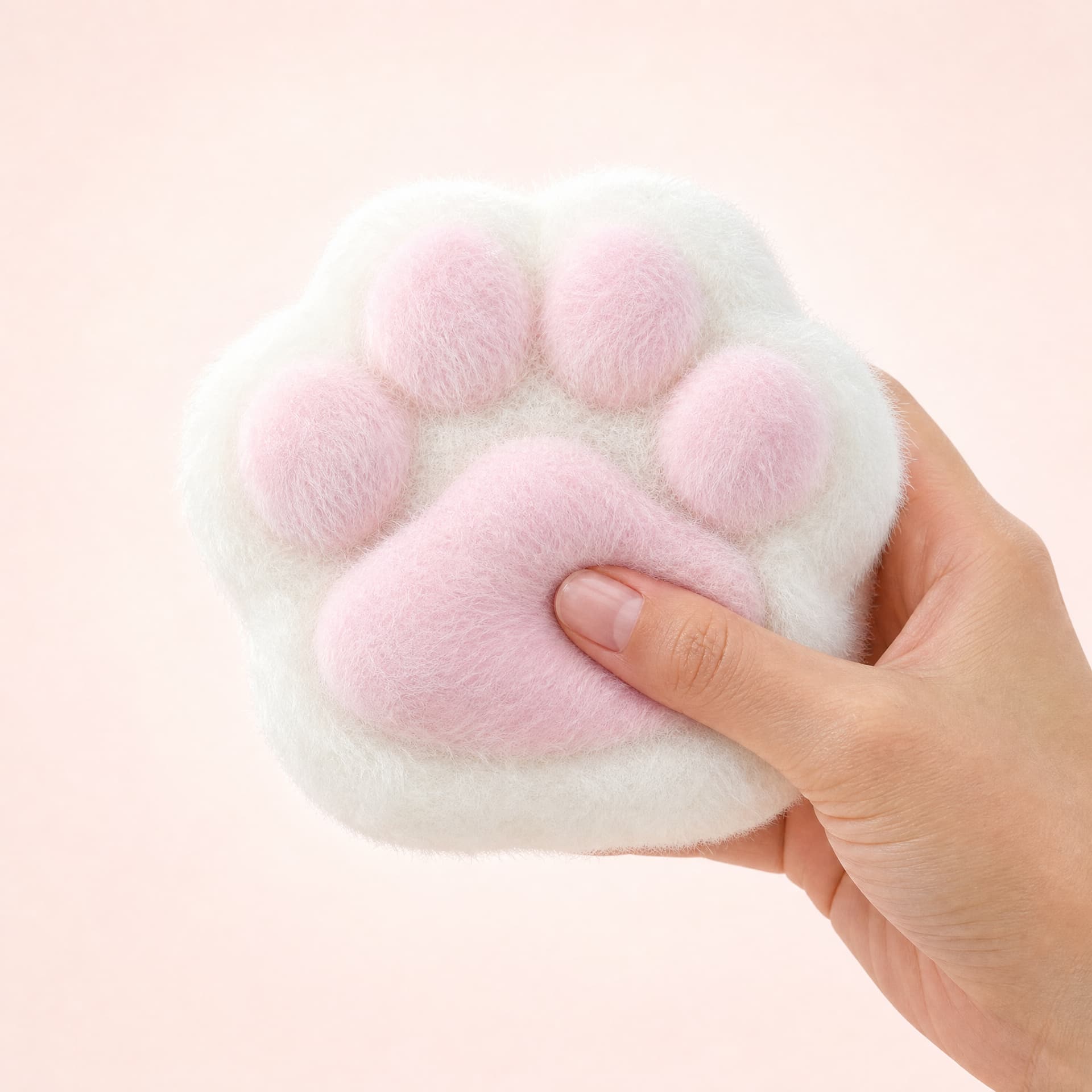 Squishy Rice Cat Paw Taba toy, pink plush finish, held in one hand being squeezed