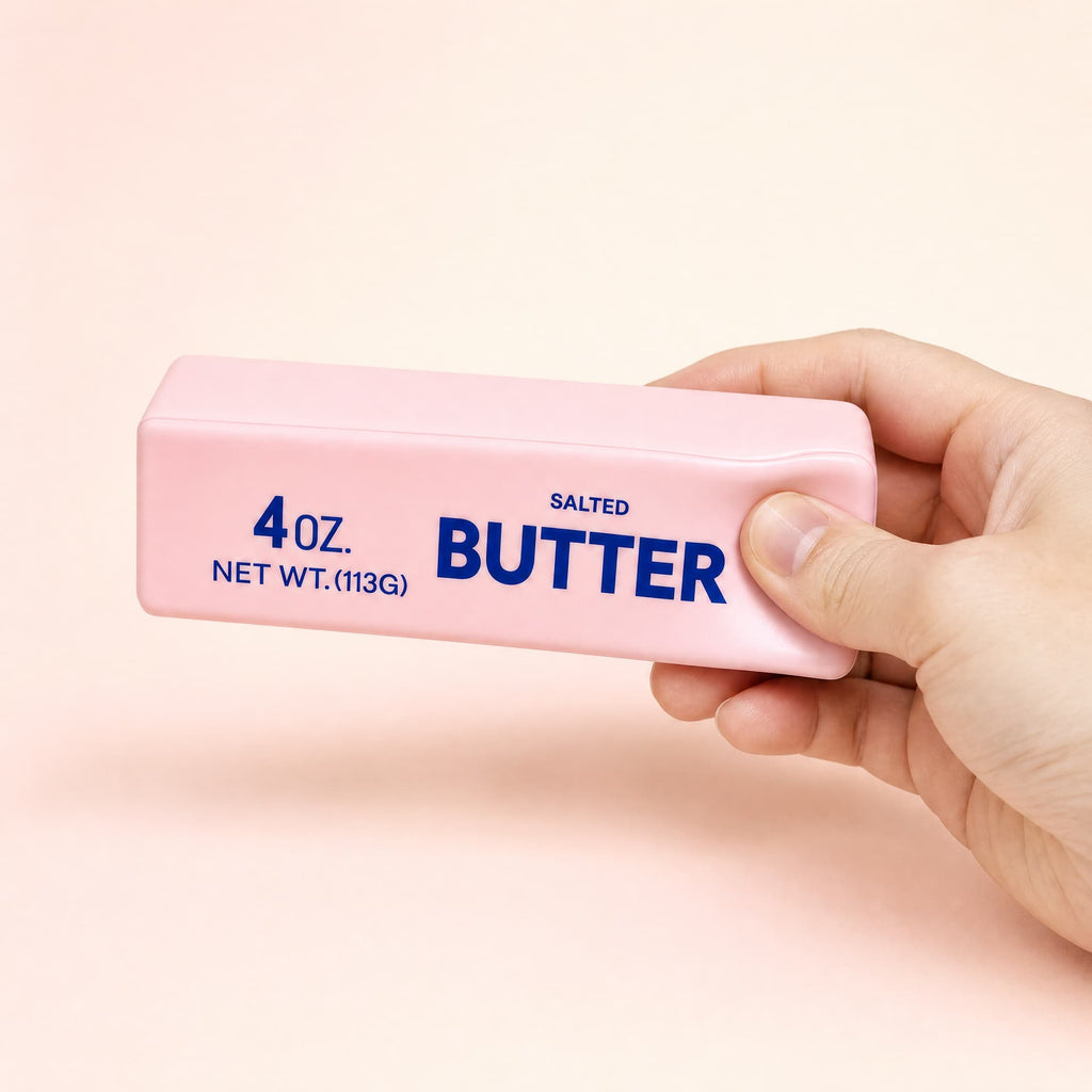 Slow Rise Butter Sticks squishy toy, pink cream flavor, held in one hand being squeezed