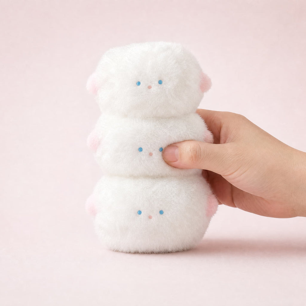 Triple Lamb Squishy toy, plush finish, held in one hand being squeezed