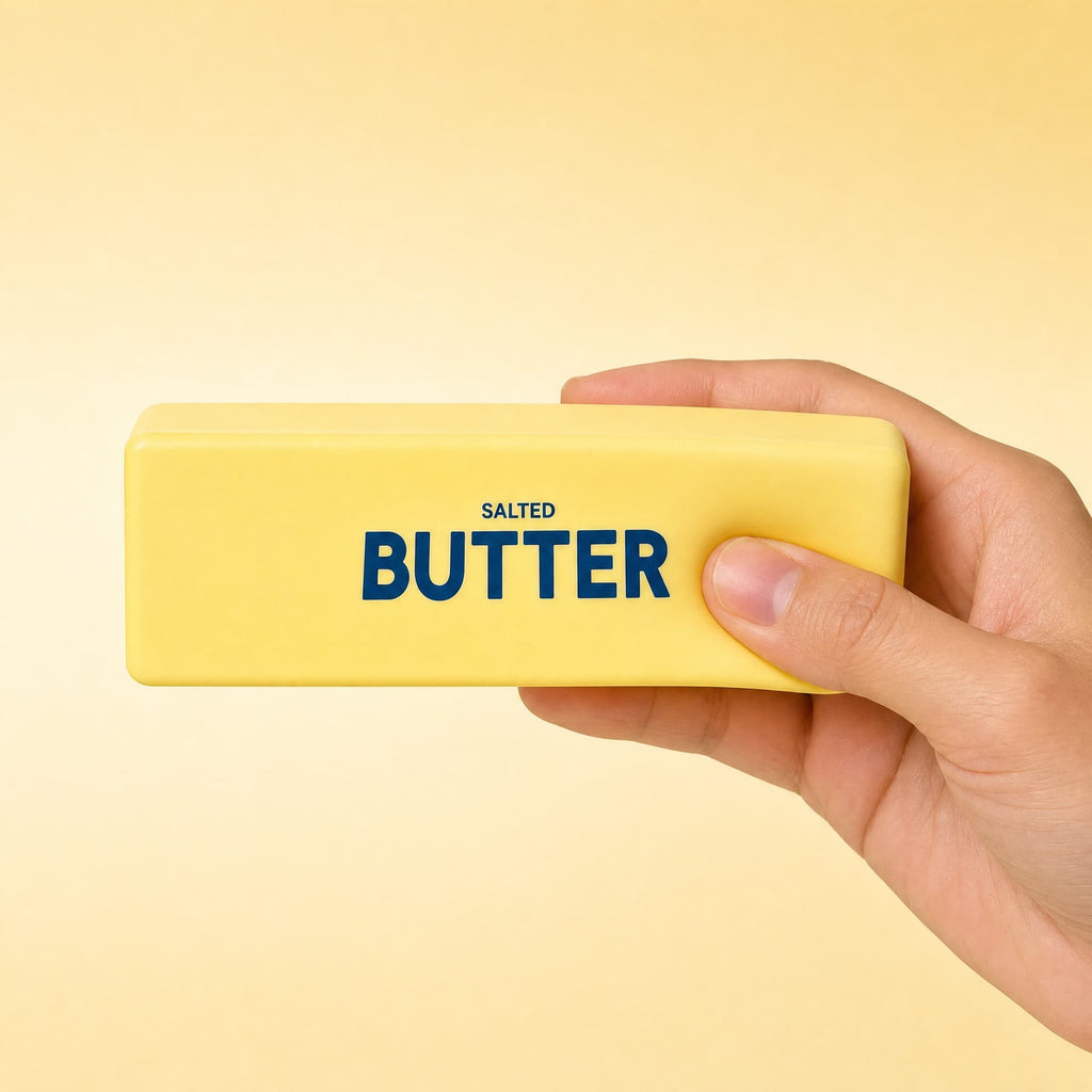 Slow Rise Butter Sticks squishy toy, salted flavor, one hand squeeze close-up