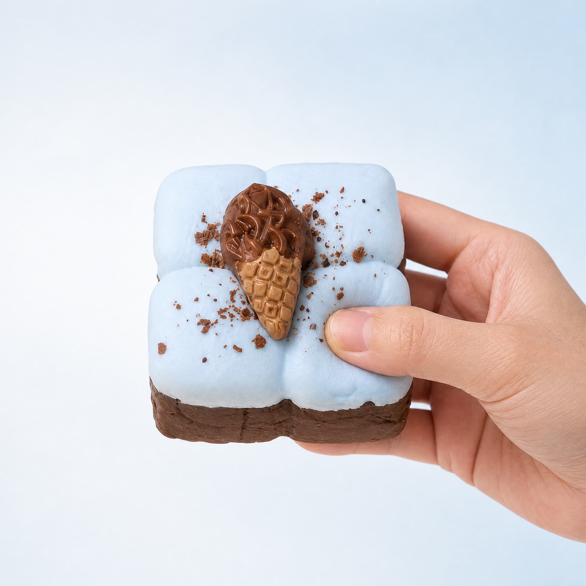 Squidgy Taba Cakes squishy toy, sea salt flavor, held in one hand being squeezed