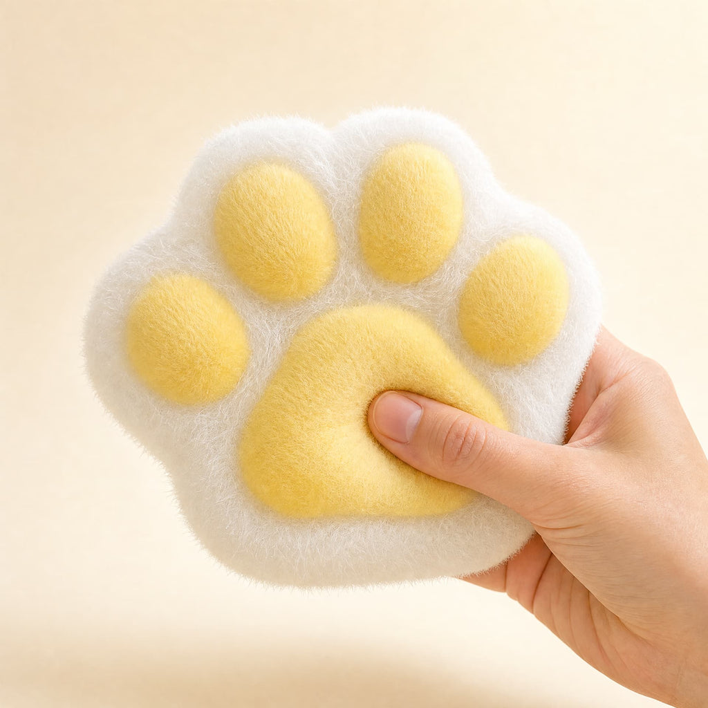 Squishy Rice Cat Paw Taba toy, yellow plush finish, held in one hand being squeezed