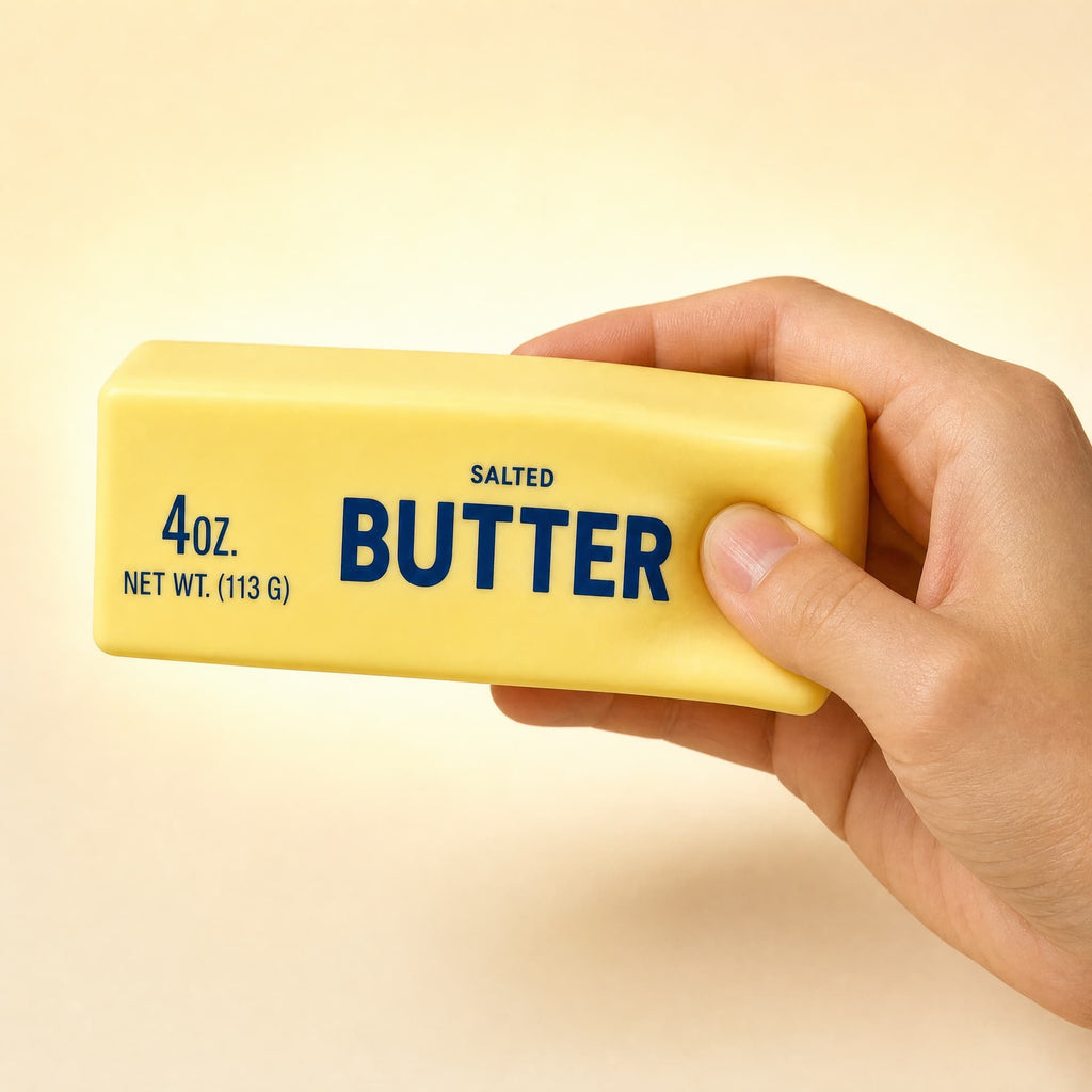 Slow Rise Butter Sticks squishy toy, salted flavor, held in one hand being squeezed